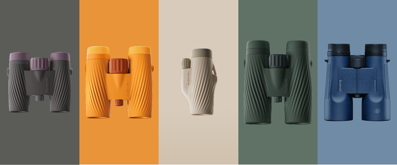 Binoculars in various colors on a color-blocked background