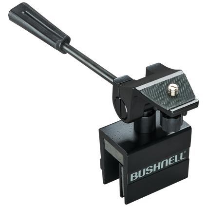 Front right view of a black Bushnell Tripod Window Mount on a transparent background